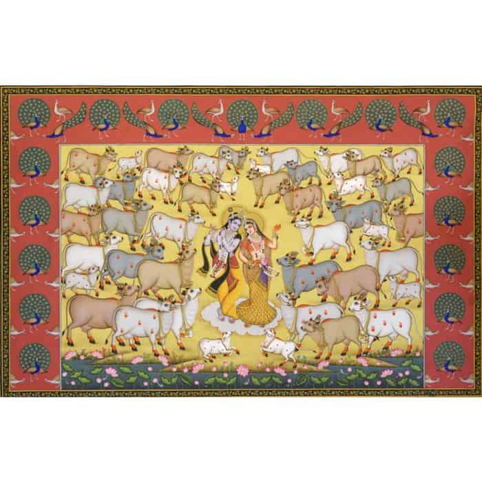 Captivating Intricate Radha Krishna Painting with Serene Cows