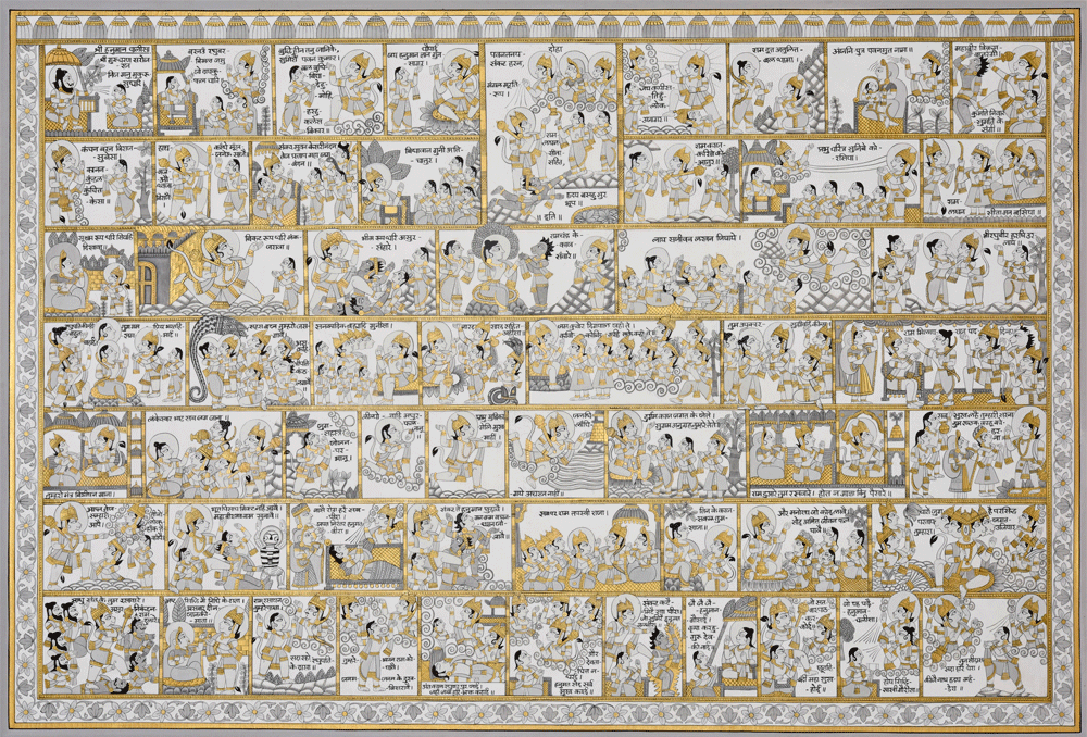 Sankshipt Ramayan Pichwai painting narrating Ramayana scenes.