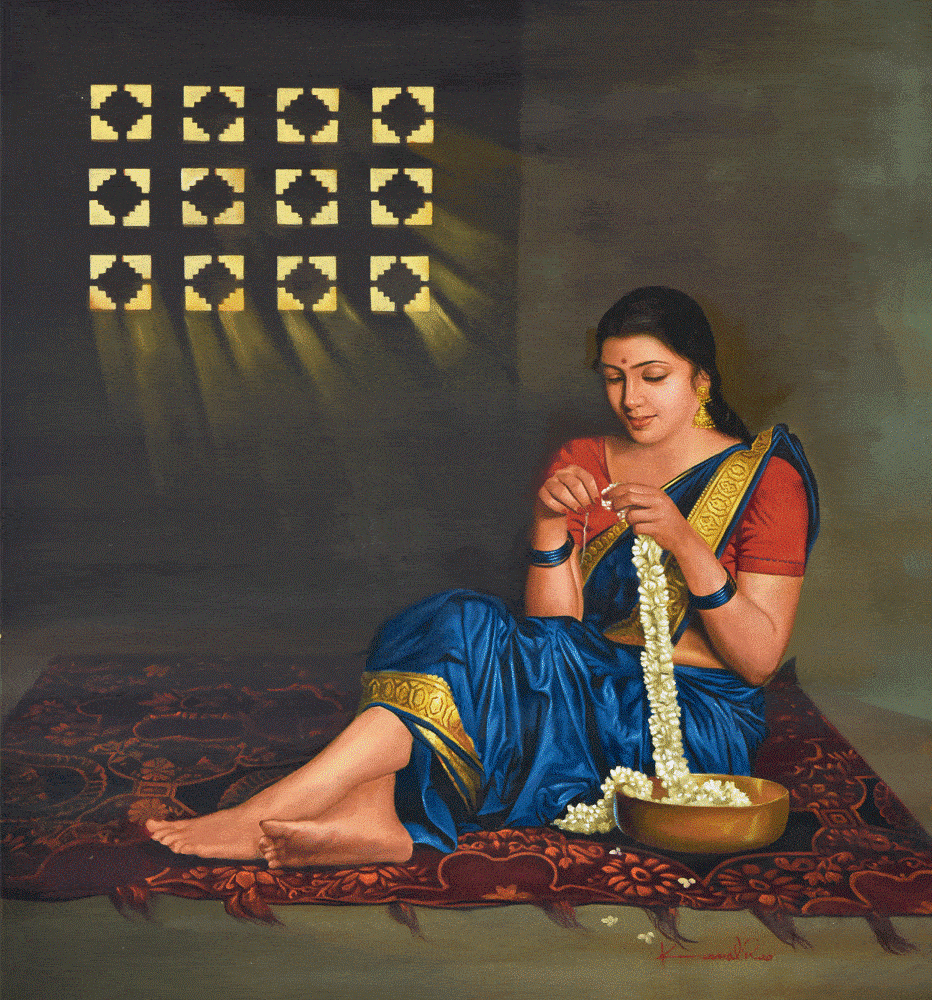 Kamal Rao Paintings Absorption Woman with Garland in Hand