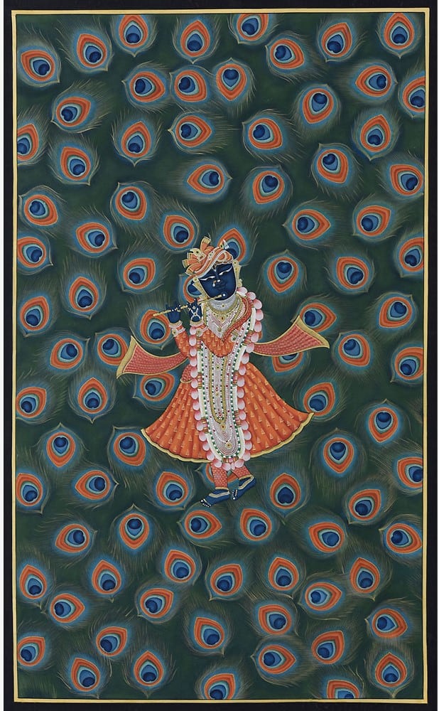 Divine Beauty of Pichwai - Shrinathji surrounded with Morpankh in vibrant colors