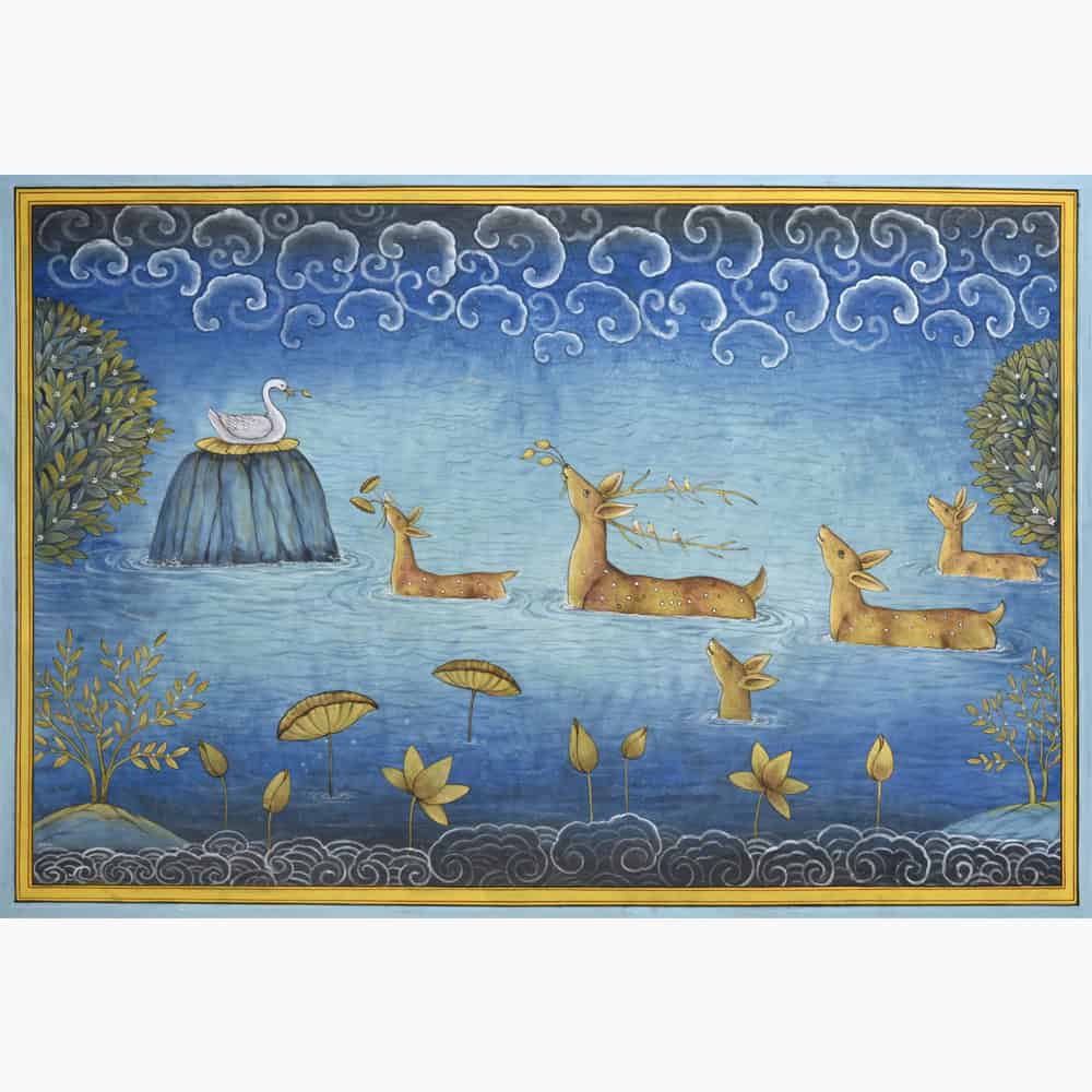 Bring Home the Beauty of Deers in Lotus Pond Pichwai Art