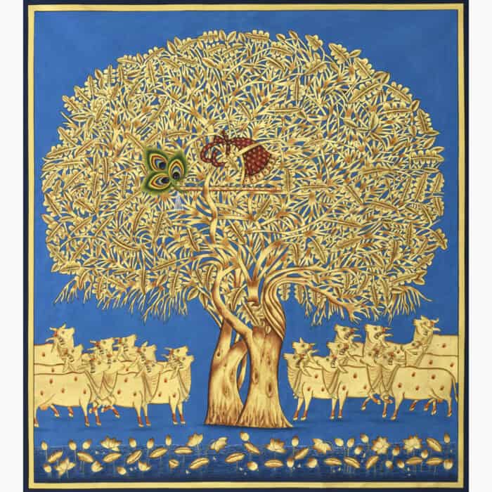 Discover the Elegance of Golden Tree and Cows Pichwai Art