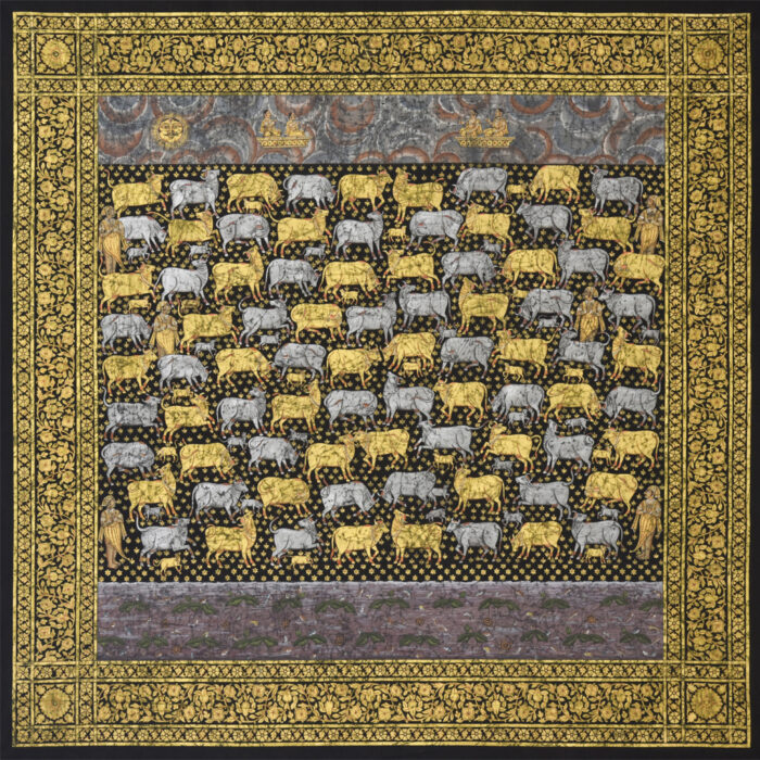 Divinity: Pichwai Art with Golden, Grey Cows