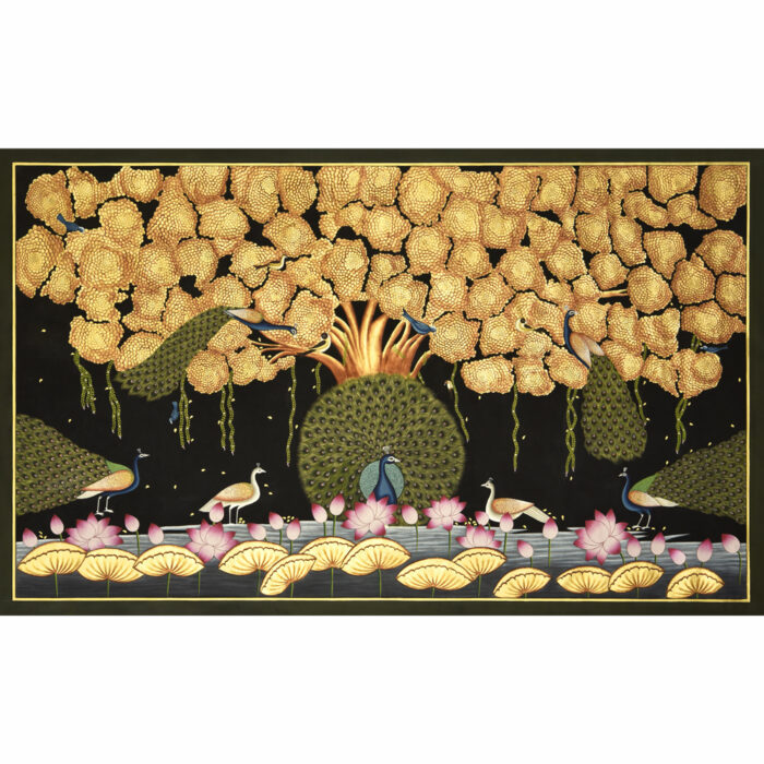 Golden Serenity: Pichwai of Pond, Tree & Peacocks