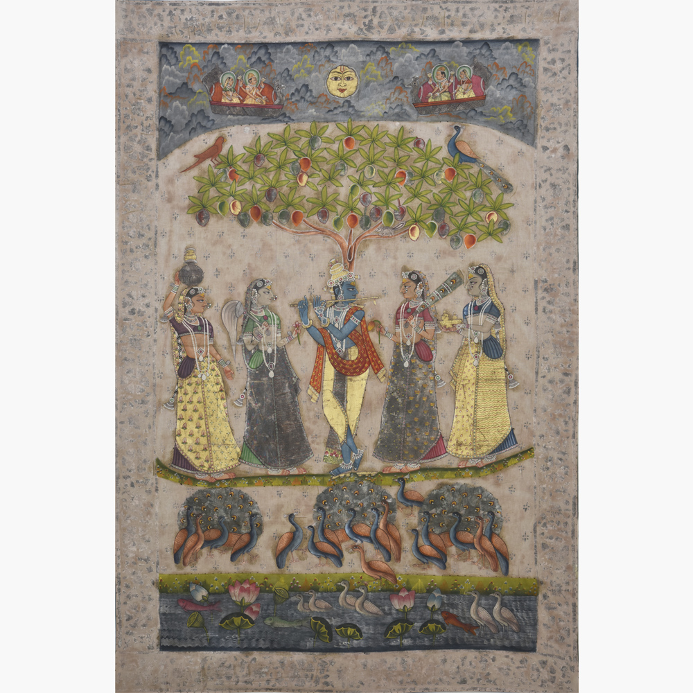 Krishna with Peacock flute moment near lotus pond