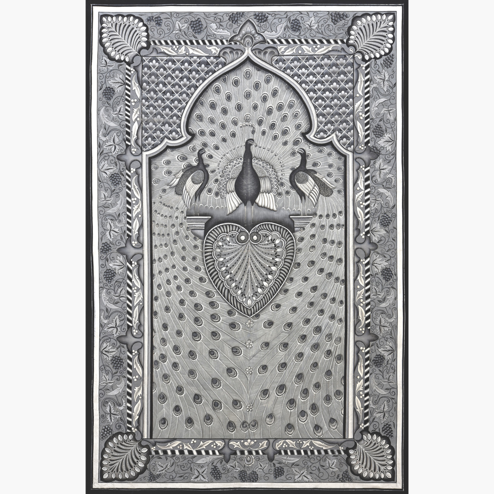 The Sacred Peacock Pichwai - grey divine artwork